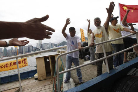 Activists depart for the disputed islands Senkaku in Japan, or Diaoyu in China, in Hong Kong