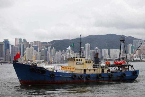 Activists on a fishing boat depart for the disputed islands Senkaku in Japan, or Diaoyu in China, in Hong Kong