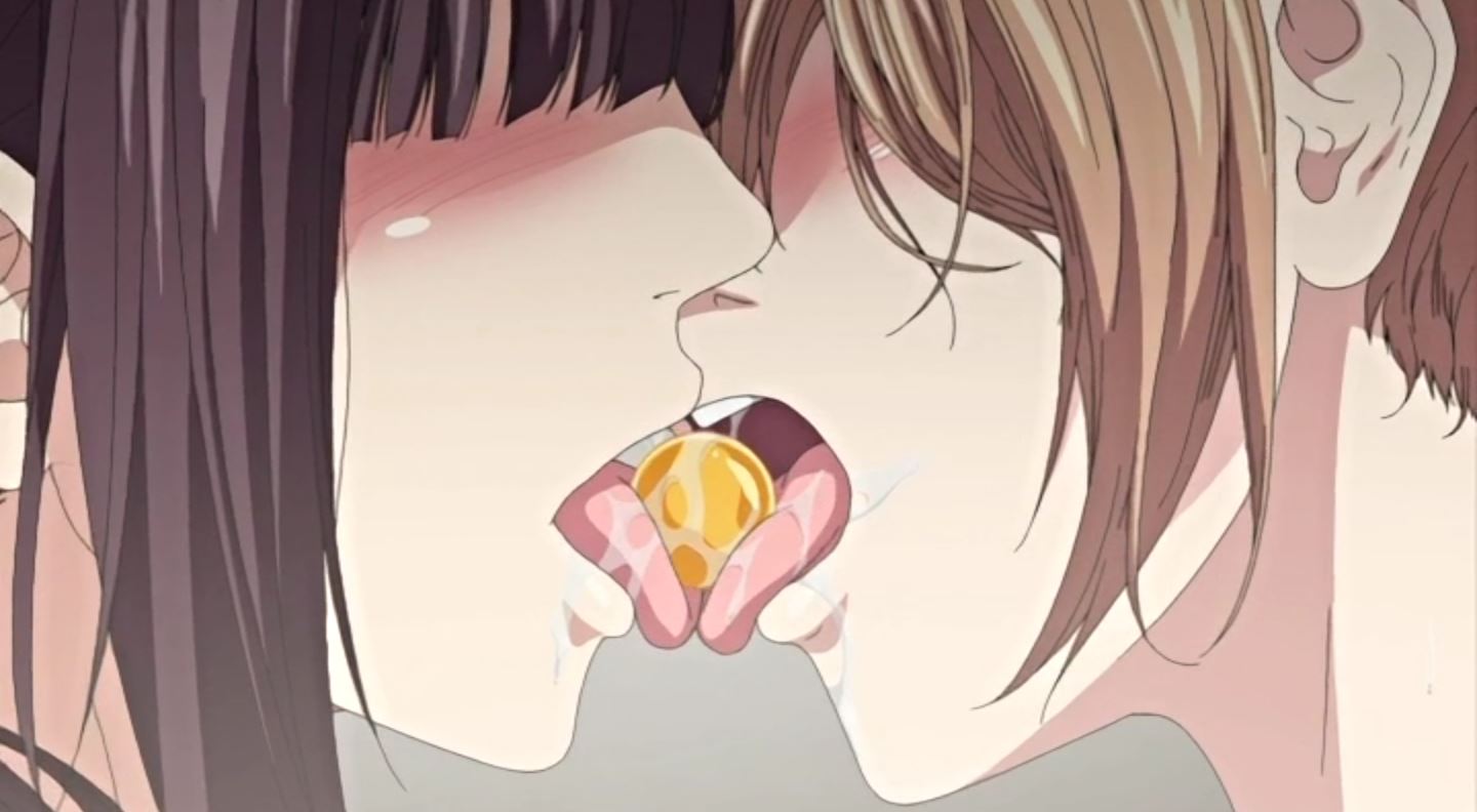 Anime lesbian kiss with saliva